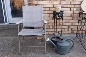 lot 259 image: Folding Chair, Small Ceramic Planters and Plastic Watering Can