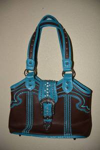 lot 54 image: Blue and Brown Leather Studded and Rhinestone P&G Purse with Western Buckle Flap