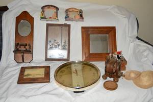 lot 40 image: Home Dcor Wall Mirrors, Round Wall Clock, Wagon Coaster Set, Shadow Box with Flowers, and Resin Bear Picture Frames
