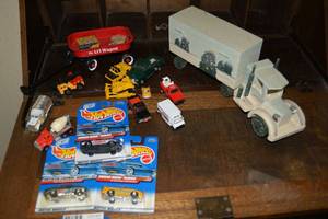 lot 37 image: Hot Wheels (still in Packaging), Wooden Hand Painted Truck, Lil Wagon and Cars