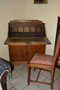 lot 38 image: Drop Front Secretary Writing Desk and Chair with Skeleton Key, Desk31W x 18D x 41.5H