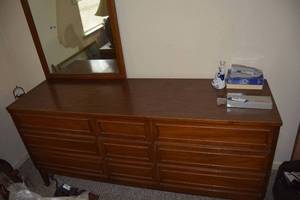 lot 66 image: Dixie Mid-Century 9-Drawer Dresser 62W x 18D x 29H  and Mirror 27W x 41H (PICKUP AFTER 3Pm SATURDAY OR SUNDAY)