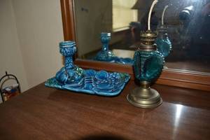 lot 76 image: Blue Glass Hurricane Lamp, Inarco Blue Dish and Candle Holder