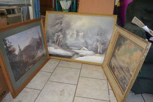 lot 75 image: Large Winter Scene Painting by K. Evans, and Landscape Prints, see pictures