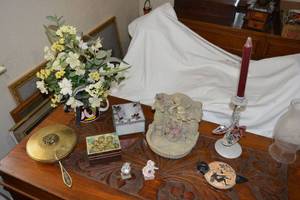 lot 80 image: Misc. Home Dcor Table Fountain, Glass Trinket Box, Wooden Music Box, Brass Bed Warmer Pan, Hand Painted Pewter Bear Figurines, Handpainted Replica of Ancient Greece Incense Burner