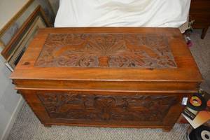 lot 81 image: Beautifully Carved Wooden Hope ChestTrunk with Skeleton Key 40W x 20D x 24.5H
