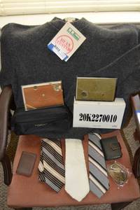 lot 85 image: Mens XXL Wool Sweater (LL Bean), Ties, Desk Clock, Leather Wallets and Belt Buckle
