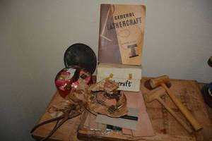 lot 94 image: Leather Crafting Lot Tandycraft Tool Set, Book, Hammers, Hole Punch, Wallets and Accessories