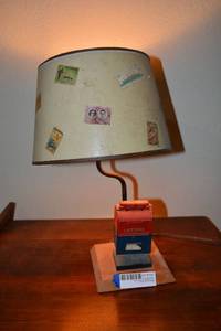 lot 109 image: Nostalgic Letter Box Desk Lamp with Stamps on Lampshade