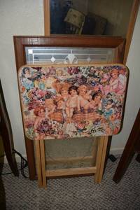 lot 108 image: Wall Mirrors, Angel TV Table, and Small Flower Picture