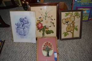 lot 119 image: Embroidered Koala Bear Picture, and Flower Wall Prints
