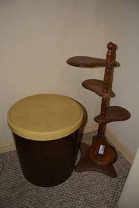 lot 132 image: Mid-Century Plastic Hamper and Wooden Multi-shelf Display Unit