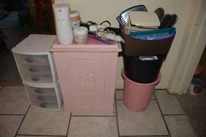 lot 65 image: Bathroom Lot Vintage Pink Plastic Hamper, Trash Cans, Hair Brushes and Accessories
