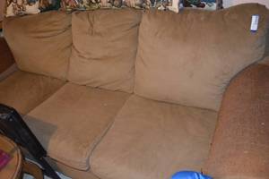 lot 193 image: Plush Tan Colored Couch 86W x 39D x 36H PLEASE PICKUP LATE SATURDAY OR SUNDAY