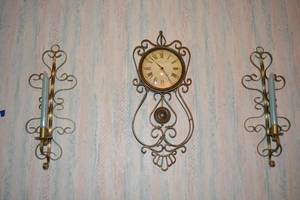 lot 196 image: Vintage Wrought Iron Set - Clock and Candle Sconces