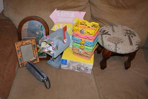lot 199 image: EasterSpring Lot Foot Stool, Easter Baskets, Ceramic Stove Top Set, Picture Frame and Mirror