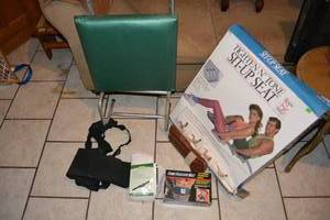 lot 201 image: Exercise Lot Sit-Up Seat, Floor Glide Exerciser, Lifting Belts, Neck Warmer