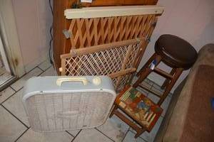 lot 200 image: Baby Gates, Stool, Foot Stool, Box Fan