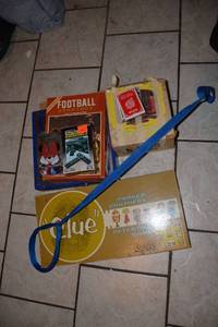 lot 293 image: Vintage Games Clue, Glass Chess Set, Football Strategy, Poker Chips and Cards, Dominoes