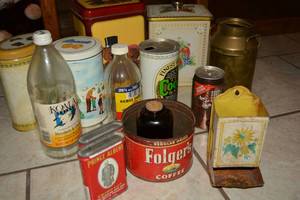 lot 298 image: Vintage Tins and Bottles Folgers, Mario Root Beer, Cooper & Sons Lager and More