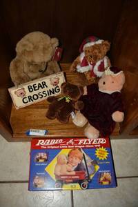 lot 299 image: Little Radio Flyer Wagon, Plush Bears and Bear Crossing Sign
