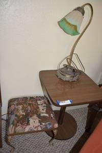 lot 179 image: Mid-Century Side Table, Bear Foot Stool, and Curved Desk Lamp