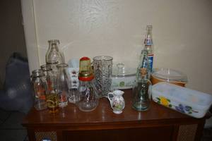 lot 172 image: Vintage Glassware Pyrex, Glass Milk Bottles, Pepsi Cowboys Commemorative Bottle, Glass Nut Grinder