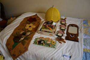 lot 165 image: Latch Hook Wall Decorations (One in Box, unfinished), Wooden Wall Dcor and Vintage Lamp Shade