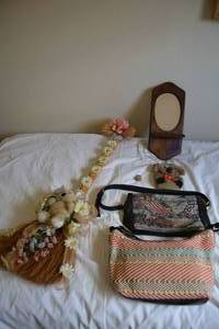 lot 163 image: Broom Wall Decoration, Purses, and Wall Mirror Shelf