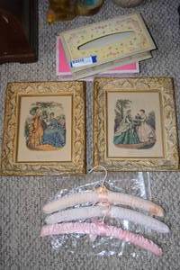 lot 151 image: Vintage Kleenex Box Holders, Pair Vintage of La Mode Illustree Prints, and Cushioned Hangers