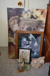 lot 152 image: Large Amount of Koala Poster and Wall Art, Ceramic Piggy Bank, and Oval Koala Picture Clock