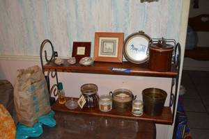 lot 189 image: Decorative Wood and Wrought Iron Shelf Plus Contents (Candles, Locking Lid Ceramic Pot, Desert Rose Stones and More