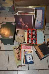 lot 192 image: Misc. Lot Vintage Books, James T. Skipworth Fort Worth Prints, Foot Stool and Linens