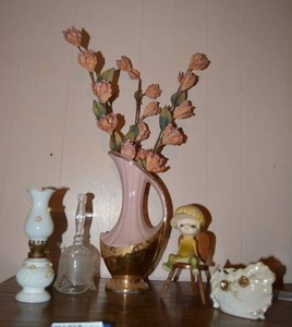 lot 316 image: Mid-Century Pink and Gold Pitcher Vase, Milk Glass Small Hurricane Lamp, Crystal Bell, Ceramic Child on Chair