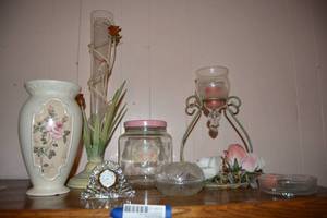 lot 310 image: Ceramic Rose Vase, Mid Century Italy 20� Tall Tole Toleware &Glass Vase Acrylic Rose Flowers Leaves, Top Cone Shaped Glass Vase With Metal Stand Holder