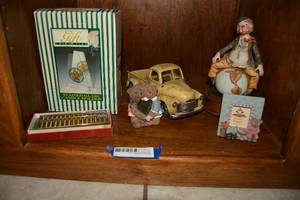 lot 315 image: Ceramic Truck, Clown Music Box, Brass Chinese Abacus, Stained Glass Candle Holder, and Resin Bears