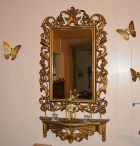 lot 303 image: Mid-Century Gold Mirror and Shelf Set and Accessories
