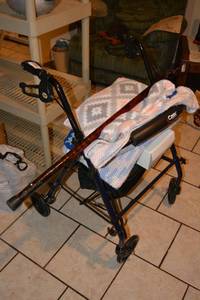 lot 300 image: Carex Seated Walker, Cane, Folding Cane with Light and Blankets