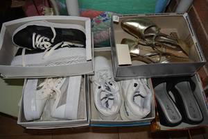 lot 326 image: Womens Shoes Size 7 - Reebok Sneakers, Mesh Sneakers, Gold Heels, and Black Wedges