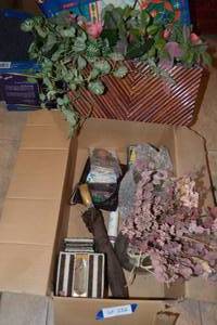lot 332 image: Greenery Arrangement, Vases, Crocheted Kleenex Box Holder and Coasters, Umbrella, Coin Holder