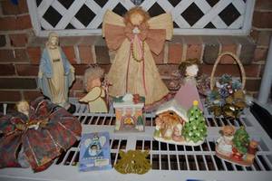 lot 336 image: Angel Lot Wooden Decorative Angels, Ribbon Angels, Virgin Mary Statue, Ceramic Candle Holder and Figurines, Hanging Doorknob Bell