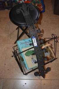lot 342 image: Curved Candle Holder, Wire Basket, Drinking Fountain, Fold-Up Stool, and Basket