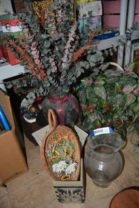 lot 351 image: Glass Vases and Better Homes Plant Arrangement, Cat Planter Box, and Pineapple Plant Box