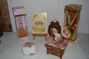 lot 359 image: Fragrance Diffusers, Small Clock, Gift of Time Book, Doll Size Dresser, and Lidded Ceramic Candle Holder