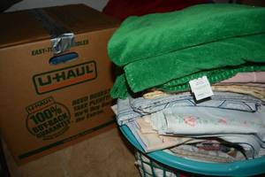 lot 358 image: Box of Clothes, and Basket of Linens and Blanket