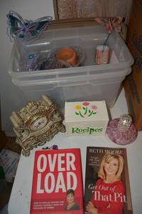 lot 365 image: Butterfly Wind Chimes, Elegant Desk Clock, Candle Holder, Recipe Box and Books