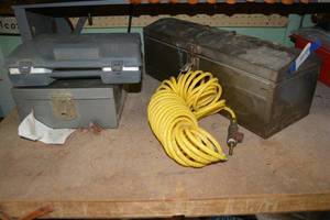 lot 470 image: Tool Box and Tools, Metal Cash Box, Air Hose, and Soldering Gun