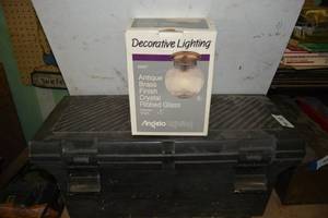 lot 476 image: Antique Brass Ribbed Glass Light, Plastic 2-Tier Toolbox and Tools