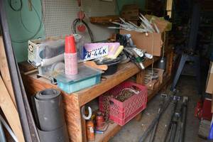 lot 485 image: Large Wood Work Table and Shelf PLEASE PICKUP LATE SATURDAY OR SUNDAY