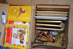lot 375 image: Box of Recipe Books (Some in English, Some in Spanish) Spanish-English Dictionary and Picture Frames